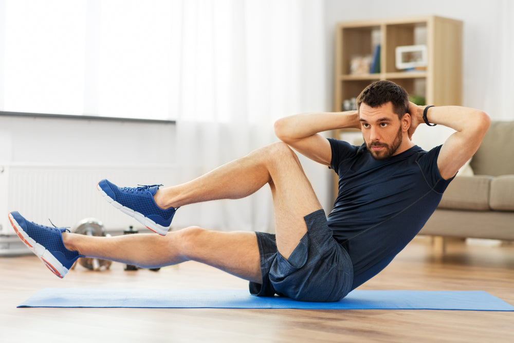 Man doing sit ups exercise. Abdominals exercise flat vector