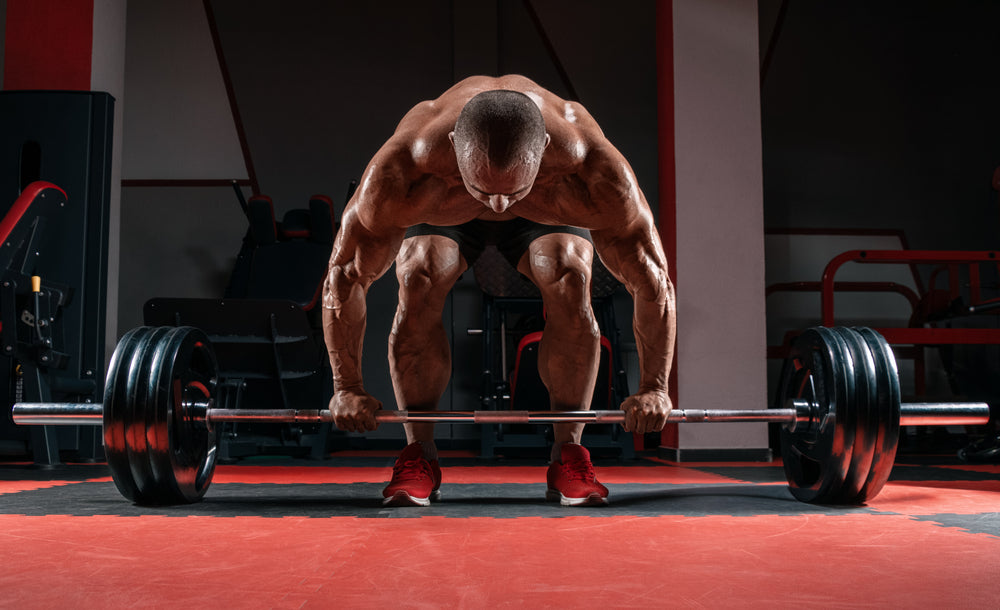 Muscular man is getting ready to deadlift in a gym