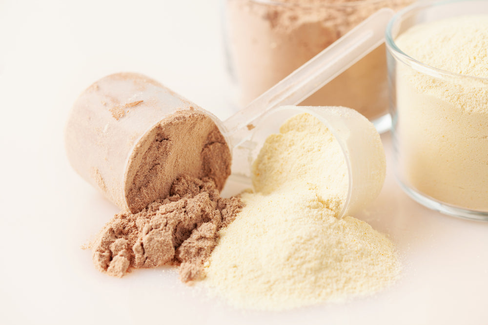 Sports nutrition, fitness diet and food concept - whey and casein protein shake powder on blue background