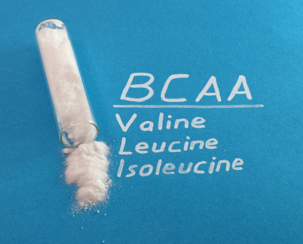 White powder with test tube on the blue background and words bcaa, valine, leucine, isoleucine.