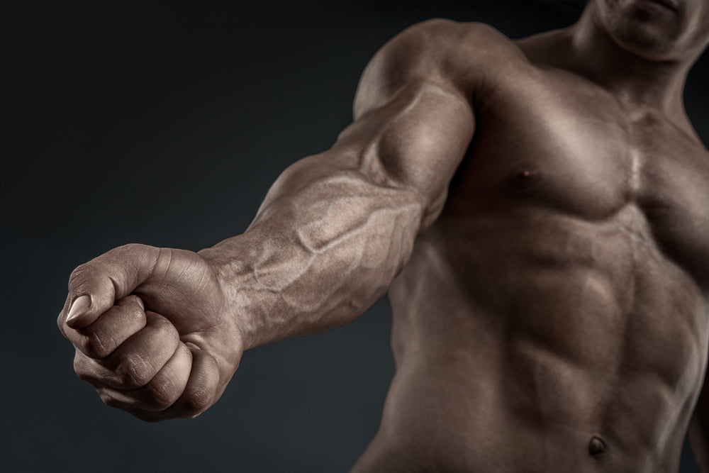 Close-up of strong muscular forearm of bodybuilder