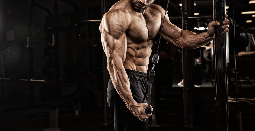 man with big muscles doing reverse grip triceps pushdowns in the gym