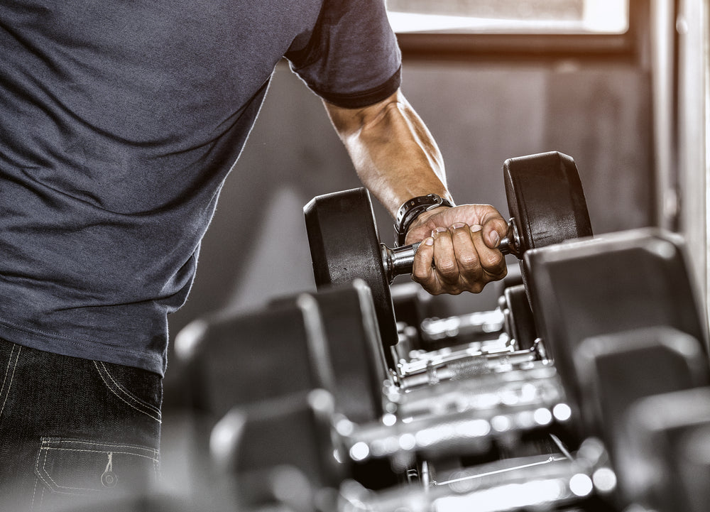 Strong well built bodybuilder lifting dumbbell weights