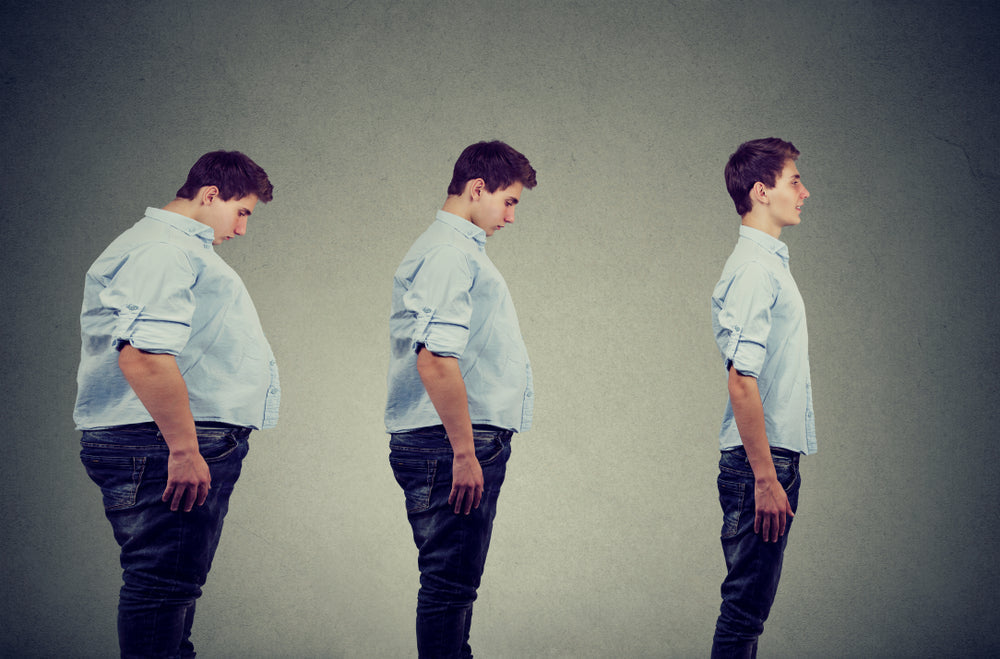 Side profile of a young chubby man transformation into a slim happy person 