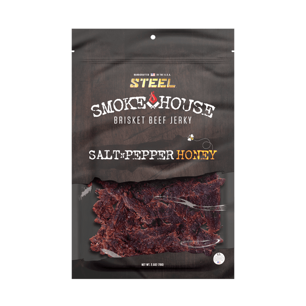 Steel Supplements Jerky Salt N Pepper Honey 2.5 oz. Steel Smokehouse Brisket Beef Jerky