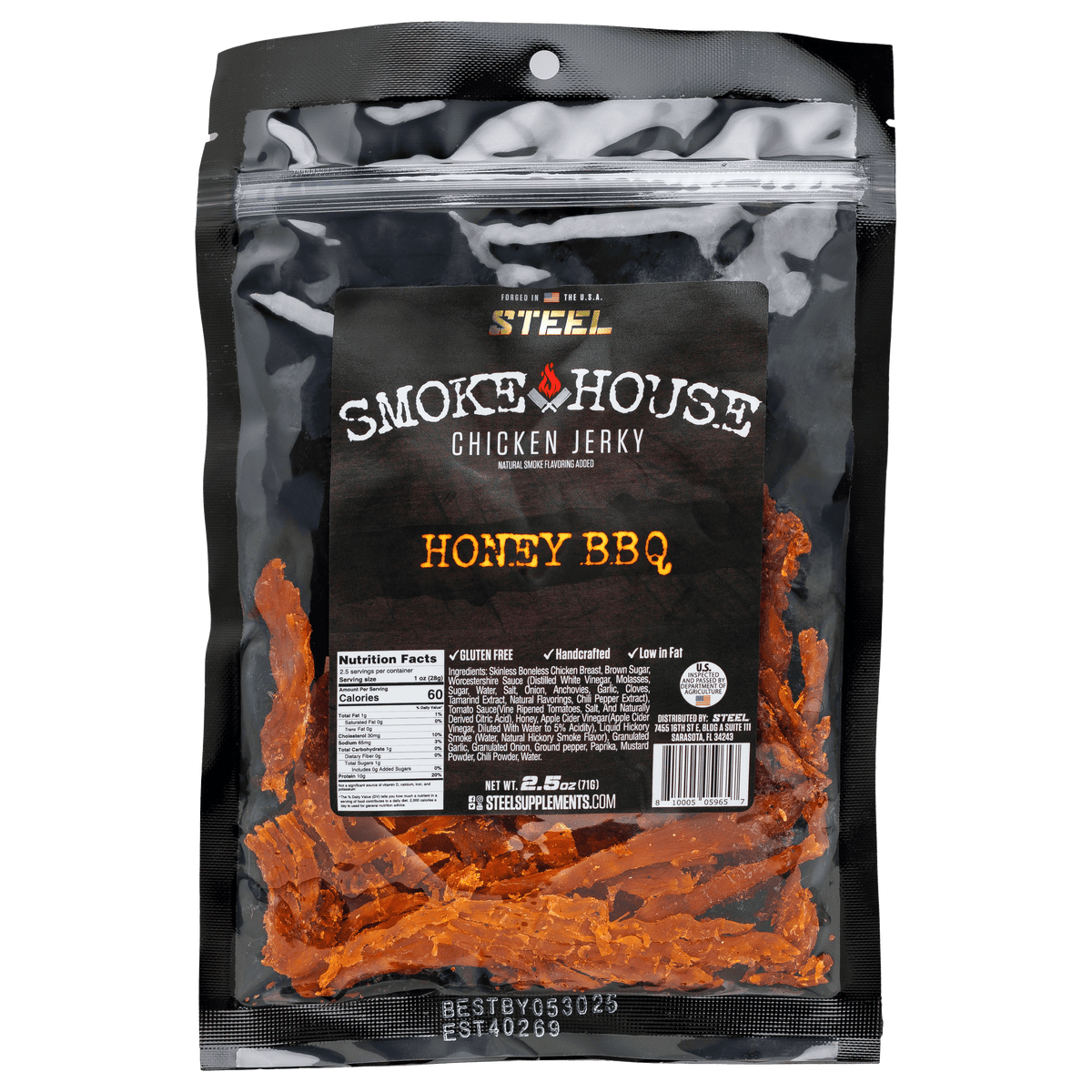 Steel Supplements Jerky Honey BBQ 2.5 oz. Steel Smokehouse Chicken...