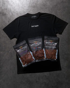 Steel Supplements Jerky Beef Jerky / Small 7oz. Jerky Variety Pack with T-Shirt