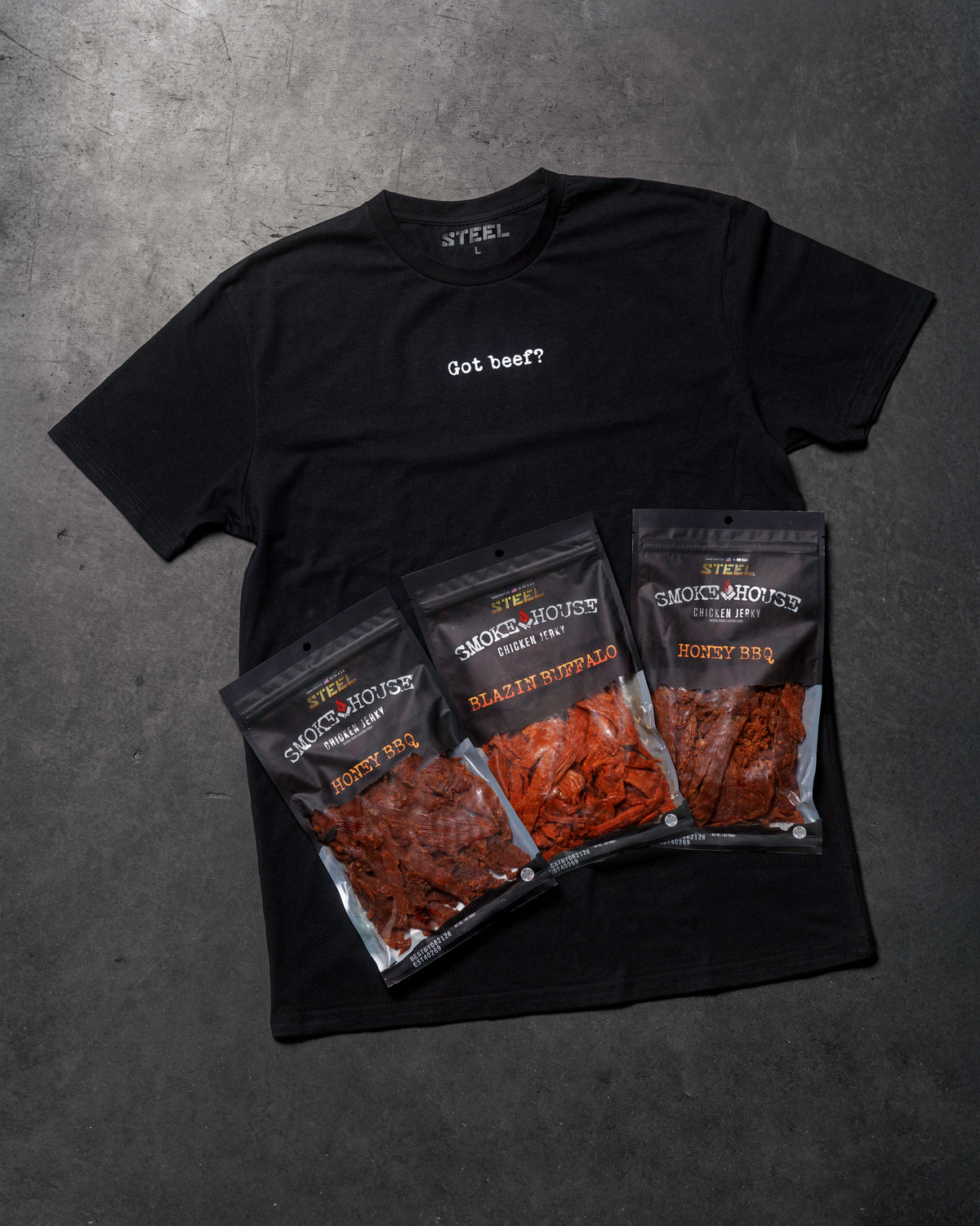 Steel Supplements Jerky Chicken Jerky / Small 7oz. Jerky Variety Pack with T-Shirt