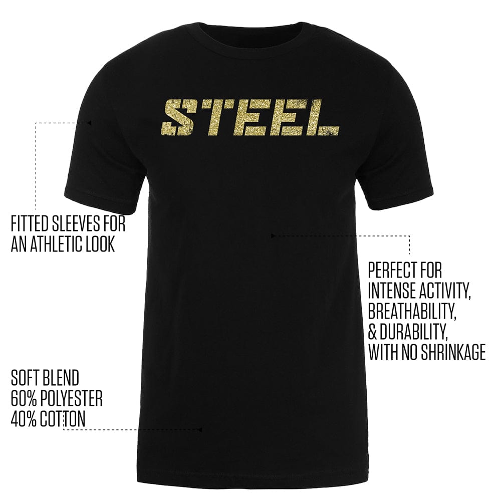 The Steel Supplements Apparel Gold STEEL on Black Performance T-Shirt