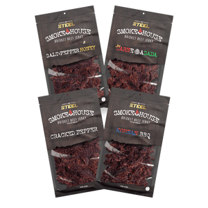 Steel Supplements Jerky 7 oz. Korean/Carne Asada/Cracked Pepper/Salt & Pepper Honey Variety Pack - Brisket Beef Jerky