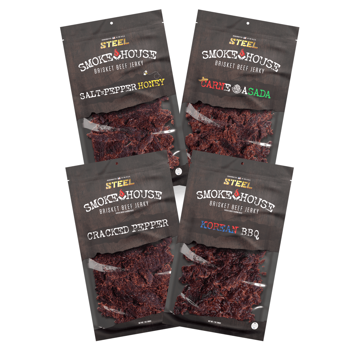Steel Supplements Jerky 7 oz. Korean/Carne Asada/Cracked Pepper/Salt &amp; Pepper...
