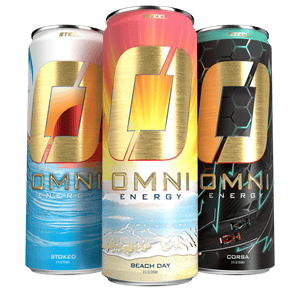 Steel Supplements Supplement Variety Edition 1 (Stoked/Corsa/Beach Day) Omni Energy Drink Bundle - 1 Can of Each Flavor