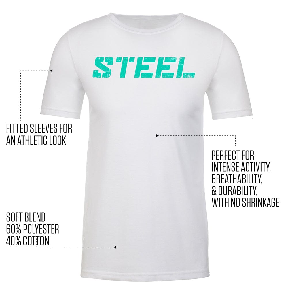 The Steel Supplements Apparel STEEL Teal on White Performance T-Shirt